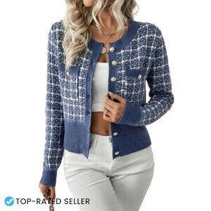 Tweed Plaid Cardigan Blazer Dressy Casual Button Front Knit Jacket